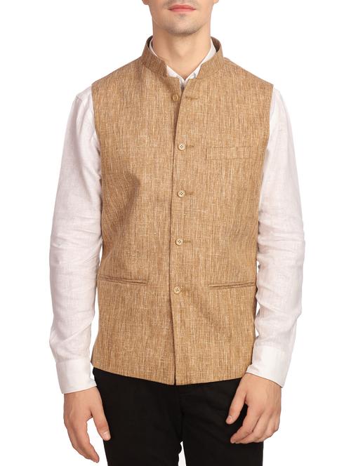 brown polyester blend nehru jacket - 13746182 - Very Small Image - 1