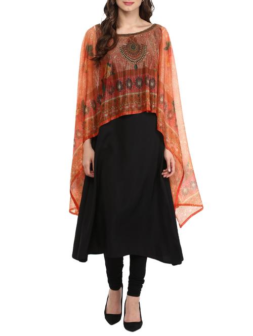 black crepe printed layered kurta - 13761492 - Very Small Image - 1