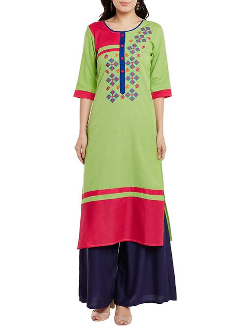 green cotton embroidered straight kurta - 13768463 - Very Small Image - 1