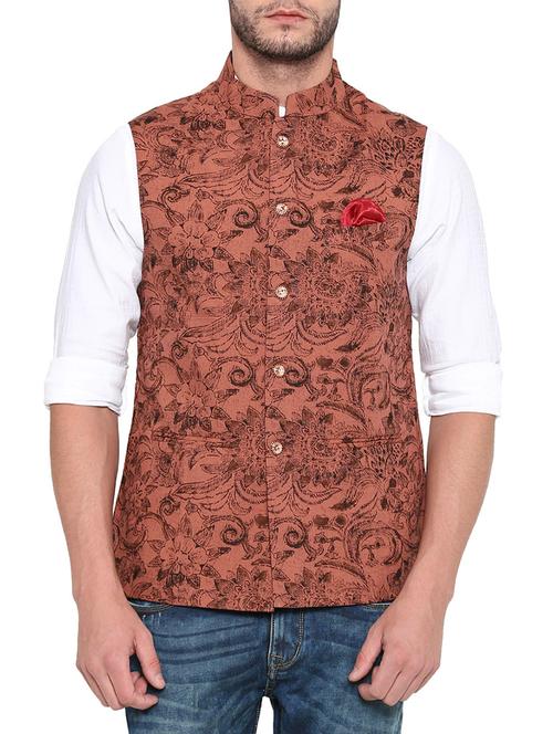 brick red floral print cotton nehru jacket - 13831986 - Very Small Image - 1