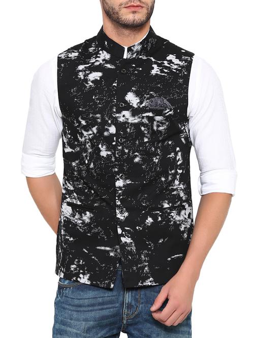black cotton abstract print nehru jacket - 13831987 - Very Small Image - 1