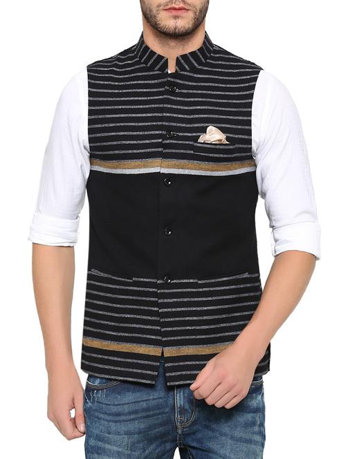 black cotton striped nehru jacket - 13831989 - Very Small Image - 1