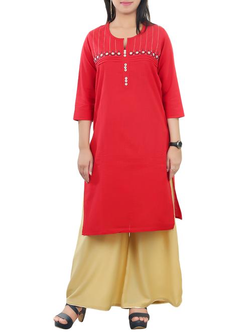 red cotton embroidered straight kurta - 13847445 - Very Small Image - 1