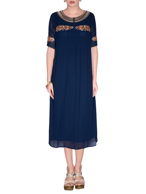 blue georgette embroidered a-line kurta - 13858270 - Very Small Image - 1