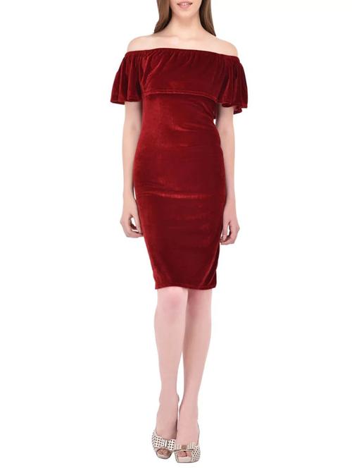 maroon velvet off shoulder ruffle dress - 13869023 - Very Small Image - 1