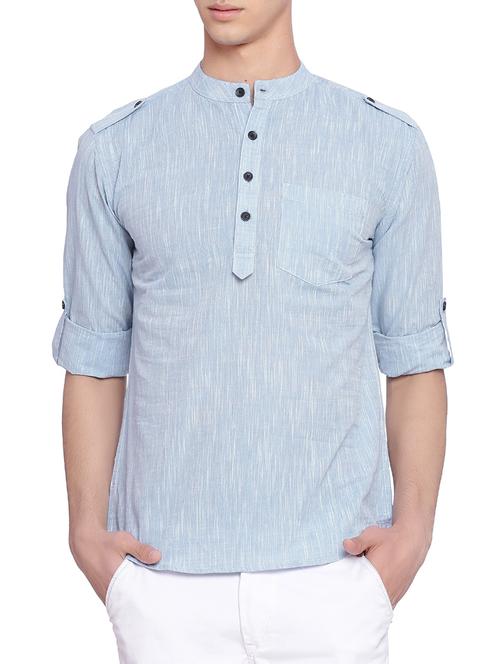 ice blue melange cotton pathani kurta - 13891463 - Very Small Image - 1