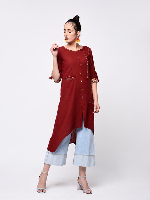 maroon cotton highlow kurta - 13906881 - Very Small Image - 1