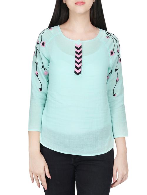 sea green floral embroidered cotton crepe regular top - 13943979 - Very Small Image - 1