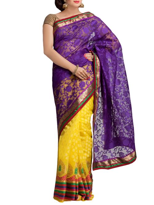 purple & yellow net half & half saree with blouse - 14089556 - Very Small Image - 1