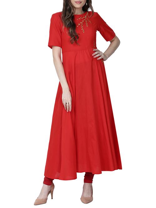 red silk blend flared kurta - 14106678 - Very Small Image - 1