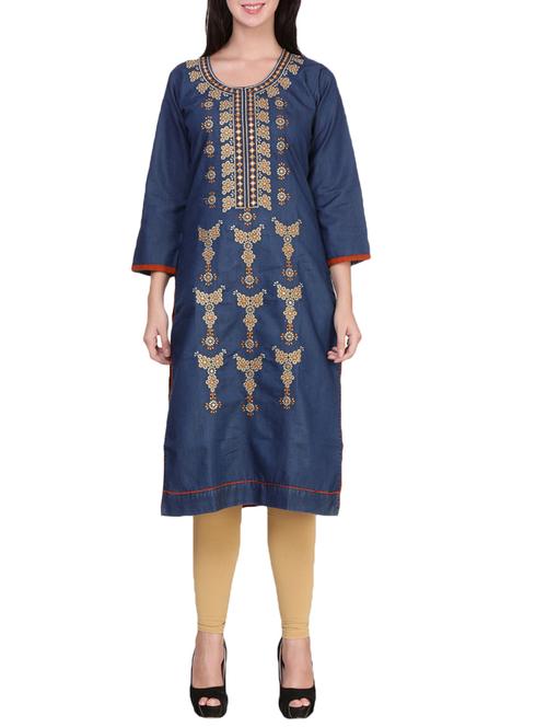 blue denim straight kurta - 14150807 - Very Small Image - 1