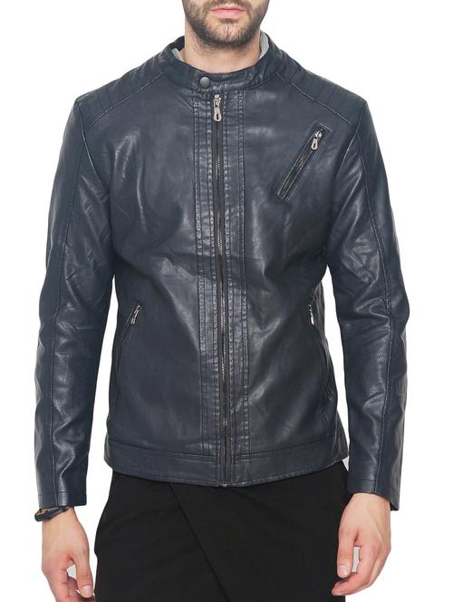 navy blue leather biker jacket - 14260942 - Very Small Image - 1