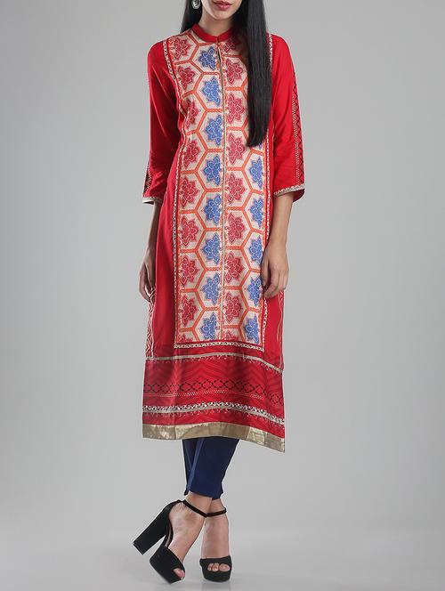 w red cotton printed kurta - 14351513 - Very Small Image - 1