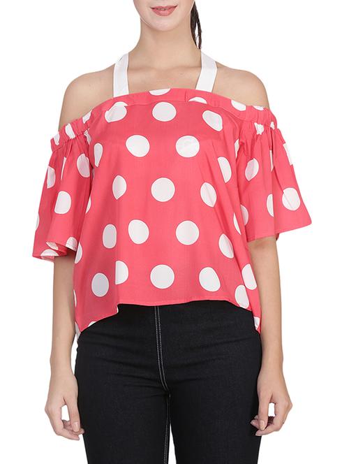 pink polka dots printed crepe asymmetric top - 14352177 - Very Small Image - 1