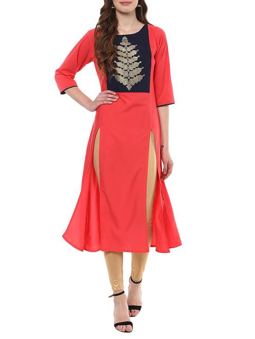 peach crepe high-slit kurta - 14398214 - Very Small Image - 1