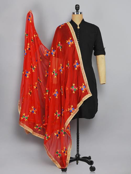 red nylon phulkari dupatta - 14521703 - Very Small Image - 1