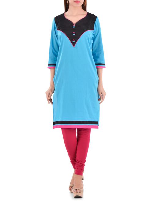 turquoise cotton straight kurta - 14560565 - Very Small Image - 1