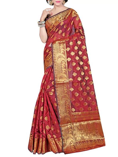 maroon banarasi saree with blouse - 14586455 - Very Small Image - 1