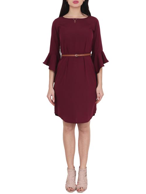 maroon crepe belted dress - 14665217 - Very Small Image - 1