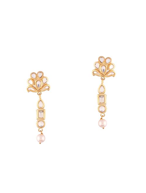 gold colored brass kundan earrings - 14712449 - Very Small Image - 1
