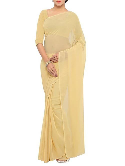 beige georgette plain saree with blouse - 14754848 - Very Small Image - 1