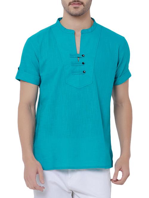 turquoise cotton short kurta - 14763501 - Very Small Image - 1