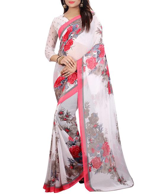 white georgette printed saree with blouse - 14785618 - Very Small Image - 1