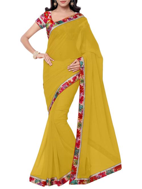 yellow georgette bordered saree with blouse - 14879191 - Very Small Image - 1