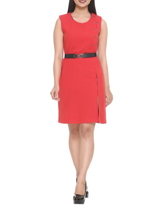 red solid belted dress - 14903631 - Very Small Image - 1