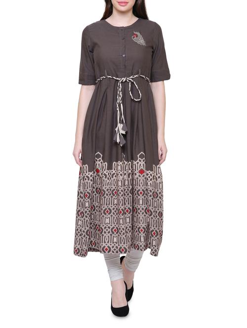 brown cotton flared kurta - 14962523 - Very Small Image - 1