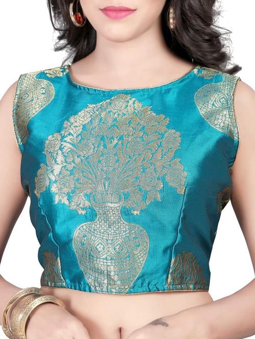 Blue brocade semi-stitched blouse - 15006199 - Very Small Image - 1