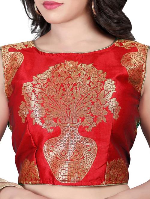 Red brocade semi-stitched blouse - 15006200 - Very Small Image - 1