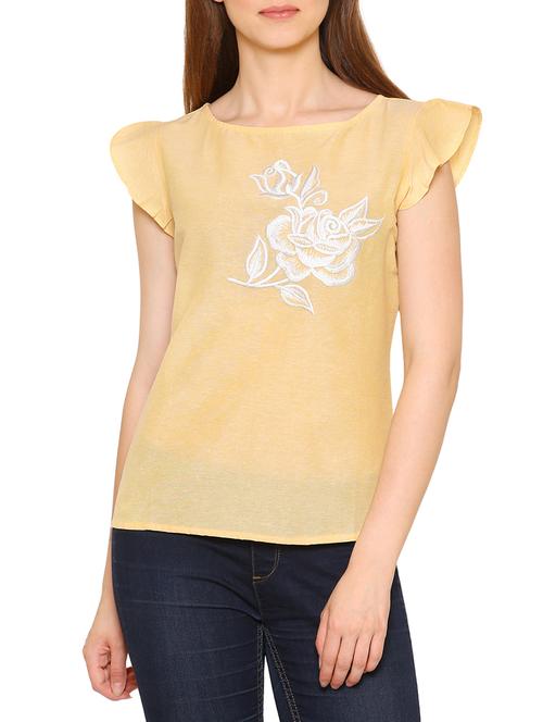 yellow solid cotton straight embroidered top - 15055649 - Very Small Image - 1
