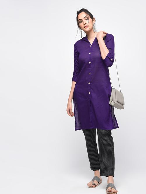purple cotton solid kurta - 15101340 - Very Small Image - 1