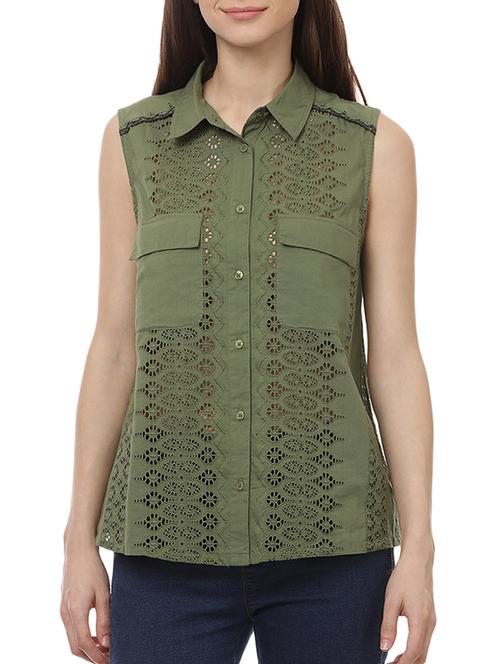 olive cotton schiffli shirt - 15140522 - Very Small Image - 1