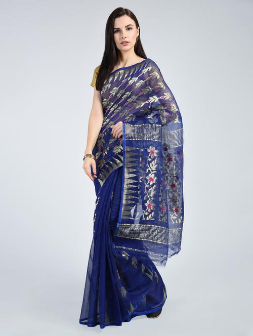 silver zari blue jamdani saree - 15162316 - Very Small Image - 1