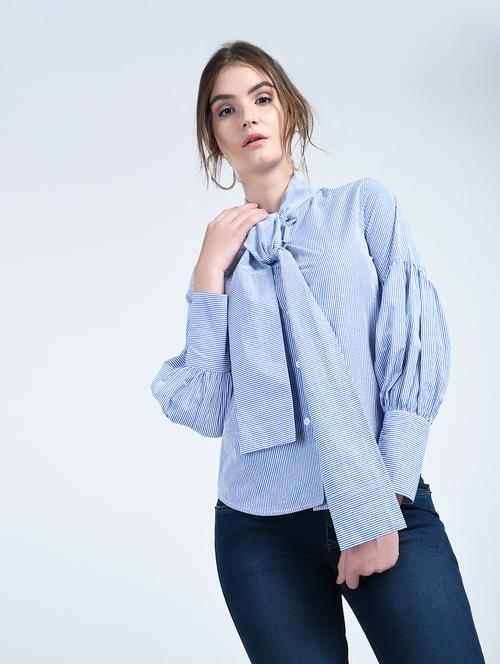 Striped tie neck balloon sleeved shirt - 15176978 - Very Small Image - 1