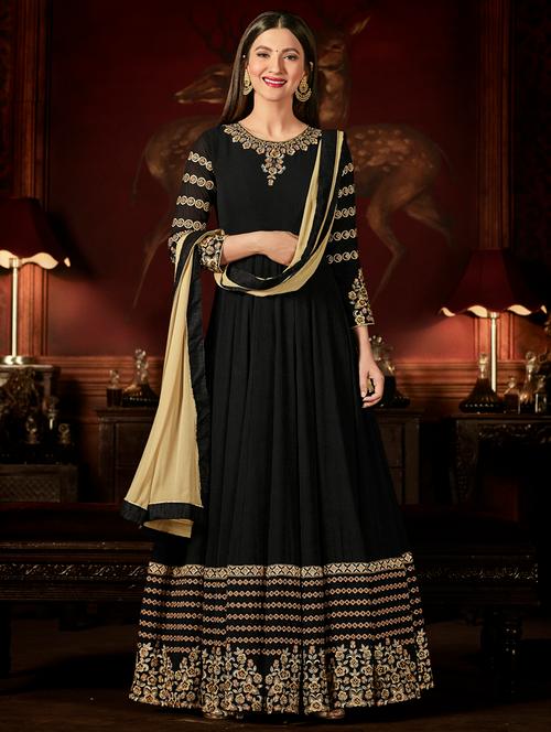 black embroidered semi-stitched anarkali suit - 15206372 - Very Small Image - 1