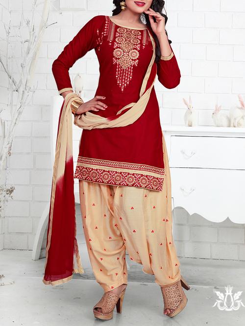 maroon embroidered unstitched patiyala suit - 15233640 - Very Small Image - 1