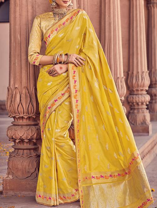 yellow art silk banarasi saree with blouse - 15235910 - Very Small Image - 1
