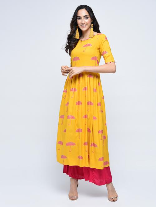 yellow rayon flared kurta - 15272949 - Very Small Image - 1