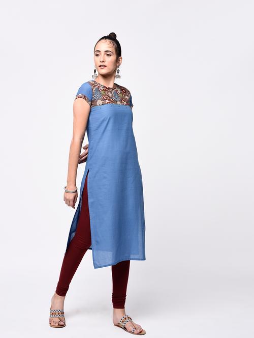 turquoise cotton straight kurta - 15307378 - Very Small Image - 1