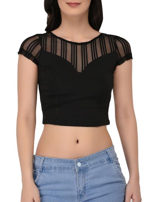 striped mesh detail cap sleeved top - 15324090 - Very Small Image - 1