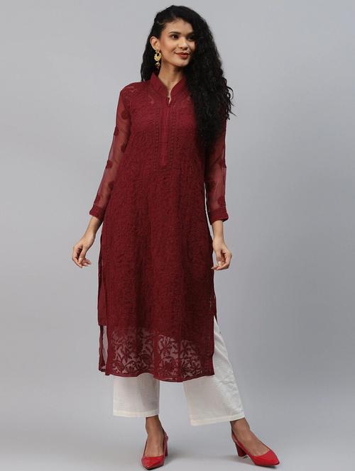 ada hand embroidered maroon georgette chikankari straight kurta - 15387359 - Very Small Image - 1