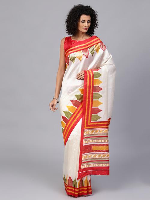 contrast temple border foil printed saree with blouse - 15450958 - Very Small Image - 1