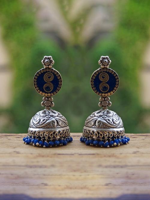 blue silver tone oxidized jhumka - 15495862 - Very Small Image - 1
