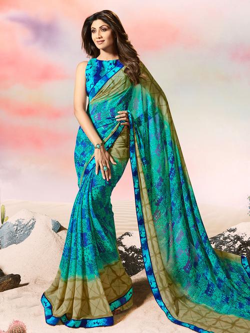 women's abstract turquoise colored saree with blouse - 15505189 - Very Small Image - 1