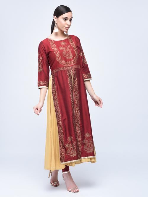 silk layered block print kurta - 15511919 - Very Small Image - 1