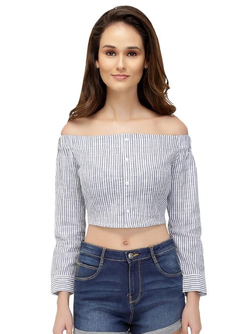 button up off shoulder crop top - 15560060 - Very Small Image - 1