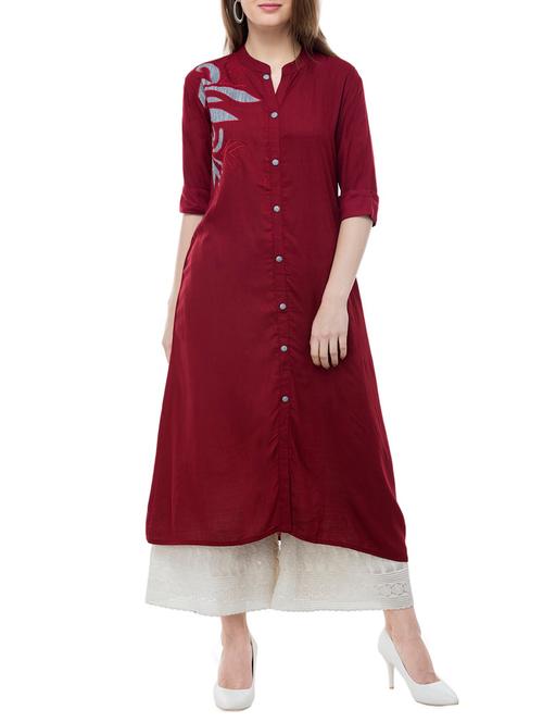burgundy embroidered a-line kurta - 15585994 - Very Small Image - 1